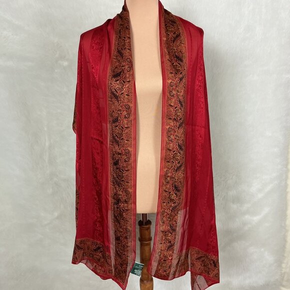 Lauren Ralph Lauren 100% Silk Red & Gold Floral Leaf Scarf Wrap - Picture 1 of 7